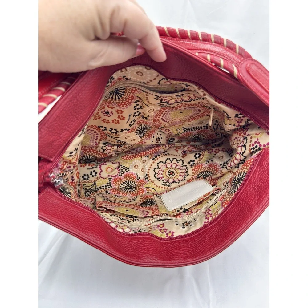 Brighton Straw Raffia Woven Shoulder Bag Purse Red Leather Trim Beach‎ Boho Hobo